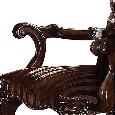 Wooden Arm Chair with Button Tufted Backrest and Carved Details, Set of 2, Brown