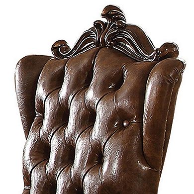 Wooden Arm Chair with Button Tufted Backrest and Carved Details, Set of 2, Brown