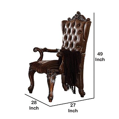 Wooden Arm Chair with Button Tufted Backrest and Carved Details, Set of 2, Brown