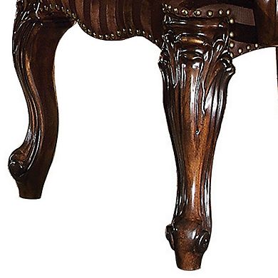 Wooden Arm Chair with Button Tufted Backrest and Carved Details, Set of 2, Brown