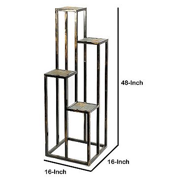 4 Tier Cast Iron Frame Plant Stand with Stone Topping, Black and Gold