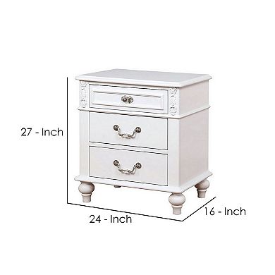 Nightstand with 3 Drawers and Built In USB Port, White