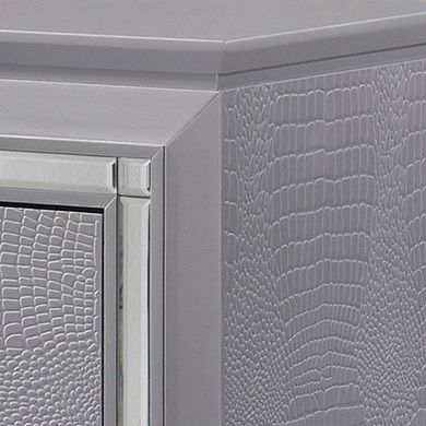 Two Drawer Wooden Nightstand with Textured Details and Mirror Accents, Gray