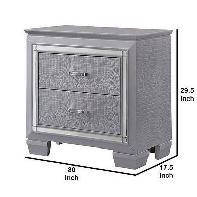 Two Drawer Wooden Nightstand with Textured Details and Mirror Accents, Gray