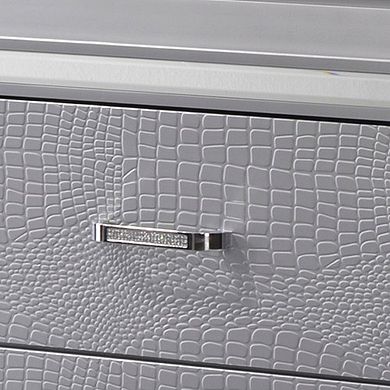 Two Drawer Wooden Nightstand with Textured Details and Mirror Accents, Gray