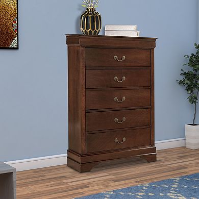 5 Drawer Wooden Chest With Metal Hardware, Cherry Brown