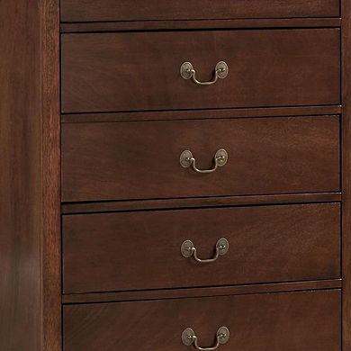 5 Drawer Wooden Chest With Metal Hardware, Cherry Brown