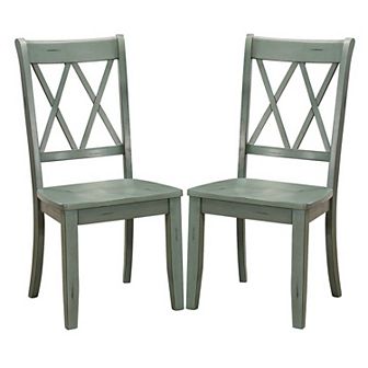 Pine Veneer Side Chair With Double X Cross Back, Teal Blue, Set of 2