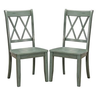 Pine Veneer Side Chair With Double X Cross Back, Teal Blue, Set of 2