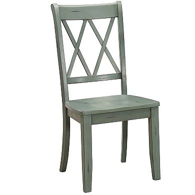 Pine Veneer Side Chair With Double X Cross Back, Teal Blue, Set of 2