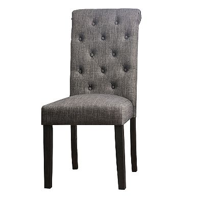 27 Inch Fabric Dining Chair, Button Tufted Rolled Back, Wood, Gray