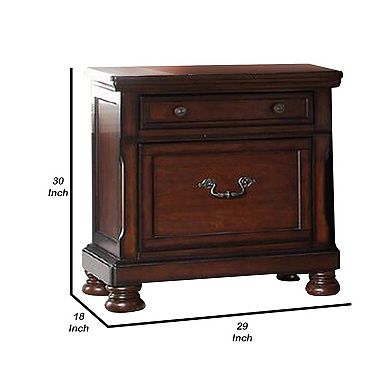 Two Drawers Wooden Nightstand with Bun Feet, Brown