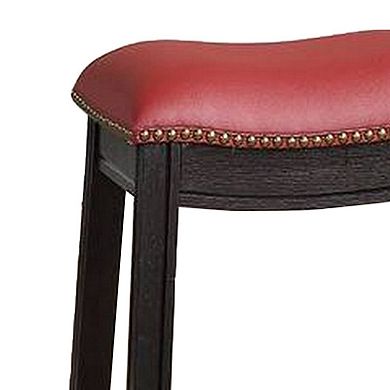 18 Inch Wooden Stool with Upholstered Cushion Seat, Set of 2, Gray and Red