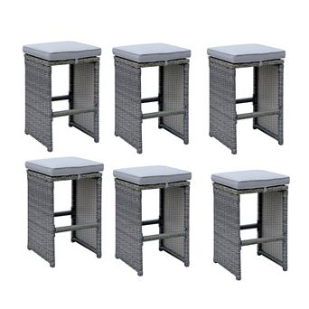 6 pc Patio Bar Stool In Aluminum Wicker Frame And Padded Fabric Seat, Gray