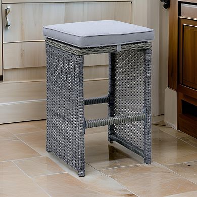 6 Piece Patio Bar Stool In Aluminum Wicker Frame And Padded Fabric Seat, Gray