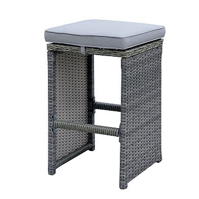6 Piece Patio Bar Stool In Aluminum Wicker Frame And Padded Fabric Seat, Gray
