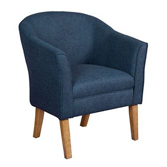Fabric Upholstered Wooden Accent Chair with Curved Back, Blue and Brown
