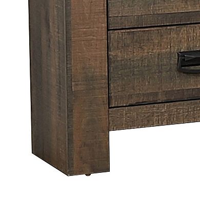 Wooden Nightstand with 2 Drawers and Saw Hewn Texture, Brown