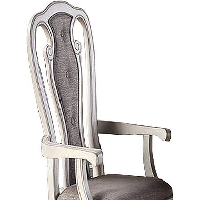 Wooden Arm Chair with Button Tufted Back, Set of 2, Cream and Gray
