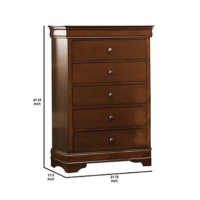 Transitional Style Wooden Chest With 5 Drawers, Cherry Brown