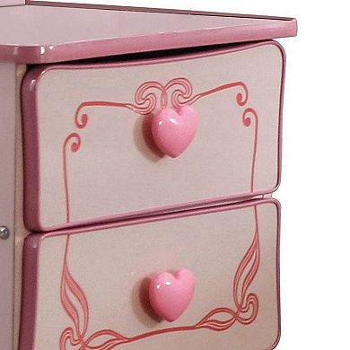 2 Drawer Wooden Nightstand with Heart Knob Pulls, Pink