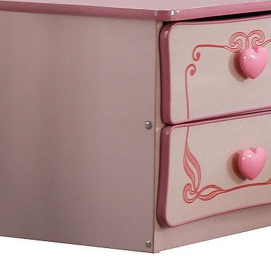 2 Drawer Wooden Nightstand with Heart Knob Pulls, Pink