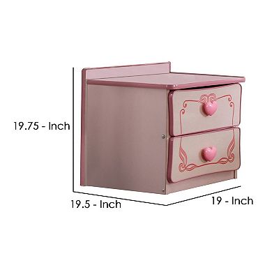 2 Drawer Wooden Nightstand with Heart Knob Pulls, Pink