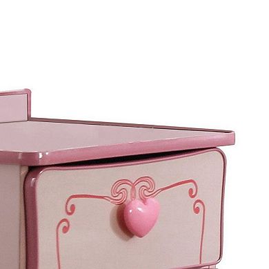 2 Drawer Wooden Nightstand with Heart Knob Pulls, Pink