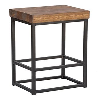 Iron Base Counter Height Stool with Pine Wood Seat, Brown and Black