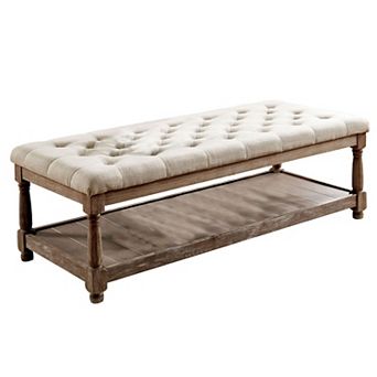 Button Tufted Fabric Upholstered Bench with Bottom Shelf, Beige and Brown