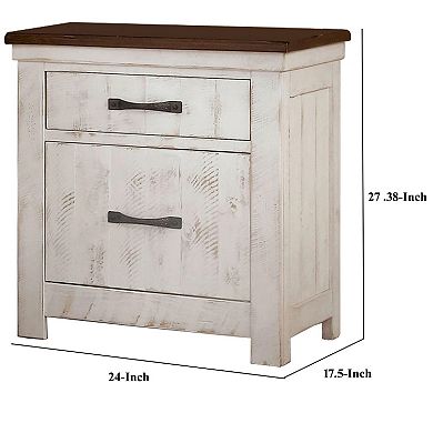 Nightstand with Plank Design 2 Drawers and USB Plugs, White and Brown