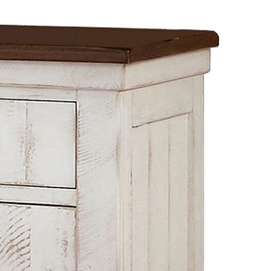 Nightstand with Plank Design 2 Drawers and USB Plugs, White and Brown