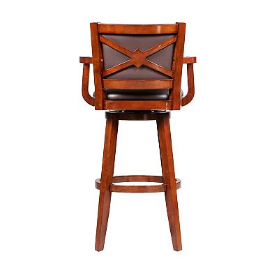 Hugo 34 Inch Swivel Barstool, Wood, Open Rolled Arms, Bonded Leather, Brown