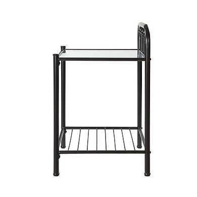 Metal Nightstand with Glass Top and Slated Open Bottom Shelf, Black