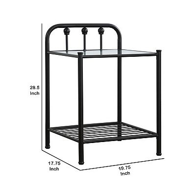 Metal Nightstand with Glass Top and Slated Open Bottom Shelf, Black