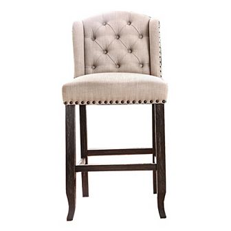 Button Tufted Fabric Upholstered Wooden Bar Chair, Beige and Black, Set of Two