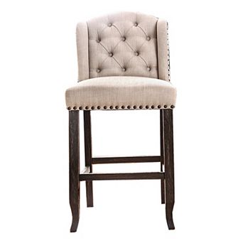 Button Tufted Fabric Upholstered Wooden Bar Chair, Beige and Black, Set of Two