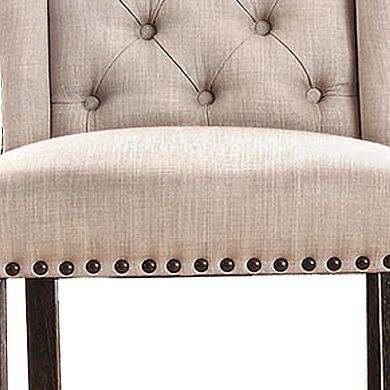 Button Tufted Fabric Upholstered Wooden Bar Chair, Beige and Black, Set of Two