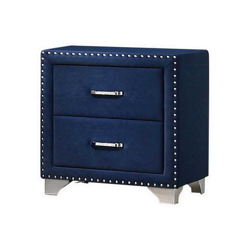 Blue Velvet Upholstered 2-Drawer Nightstand with Nailhead Trim
