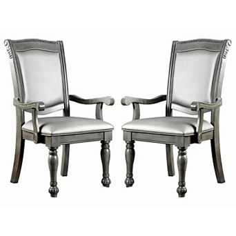 Traditional Style Wooden Arm Chair With Leatherette Cushions In Gray, Set Of 2