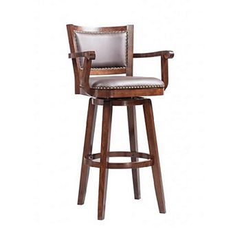 Nailhead Trim Faux Leather Upholstered Barstool with Wooden Arms, Dark Brown