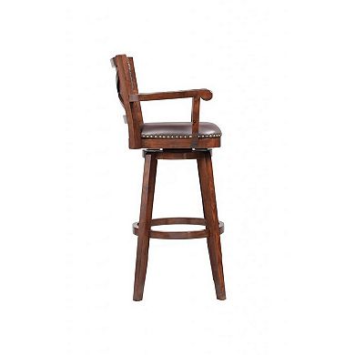 Nailhead Trim Faux Leather Upholstered Barstool with Wooden Arms, Dark Brown