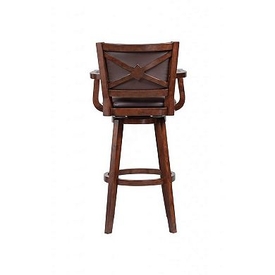 Nailhead Trim Faux Leather Upholstered Barstool with Wooden Arms, Dark Brown