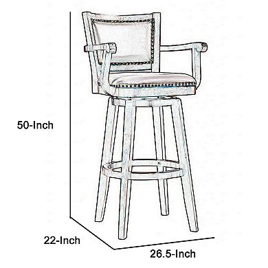 Nailhead Trim Faux Leather Upholstered Barstool with Wooden Arms, Dark Brown