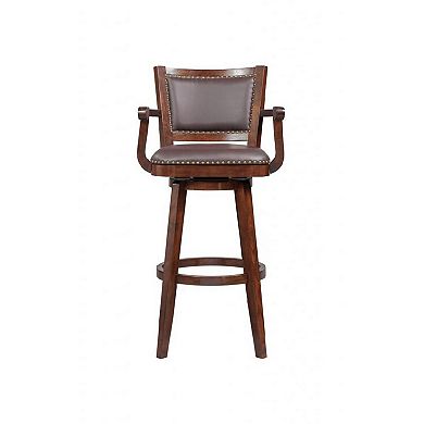Nailhead Trim Faux Leather Upholstered Barstool with Wooden Arms, Dark Brown