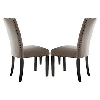 Nailhead Trim Fabric Upholstered Wooden Side Chair, Set of 2, Beige and Brown