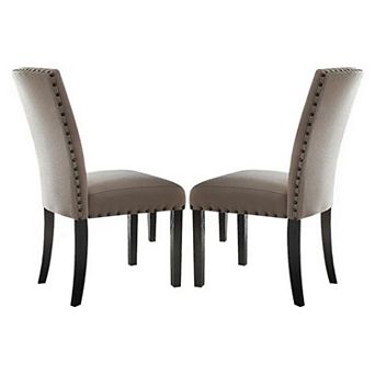 Nailhead Trim Fabric Upholstered Wooden Side Chair, Set of 2, Beige and Brown