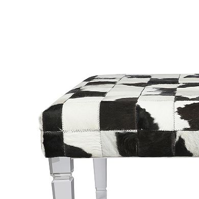 Cow Hide Upholstered Bench with Acrylic Legs, White and Black