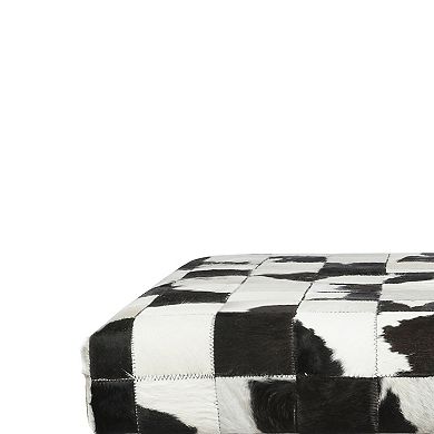 Cow Hide Upholstered Bench with Acrylic Legs, White and Black