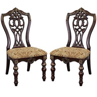 Fabric Upholstered Wooden Side Chair With Intricate Back, Set of 2 , Cherry Brown